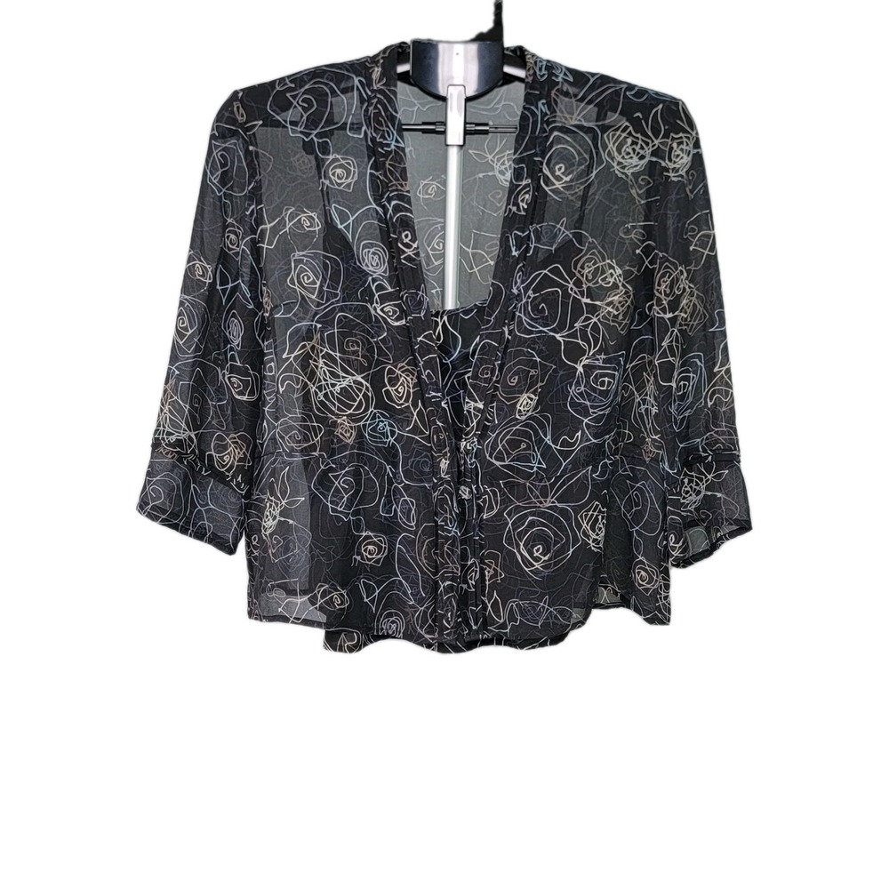 i.e. PETITE 100% Silk Two Piece Set Sheer Chiffon Cardigan Cami Scribble PXL
